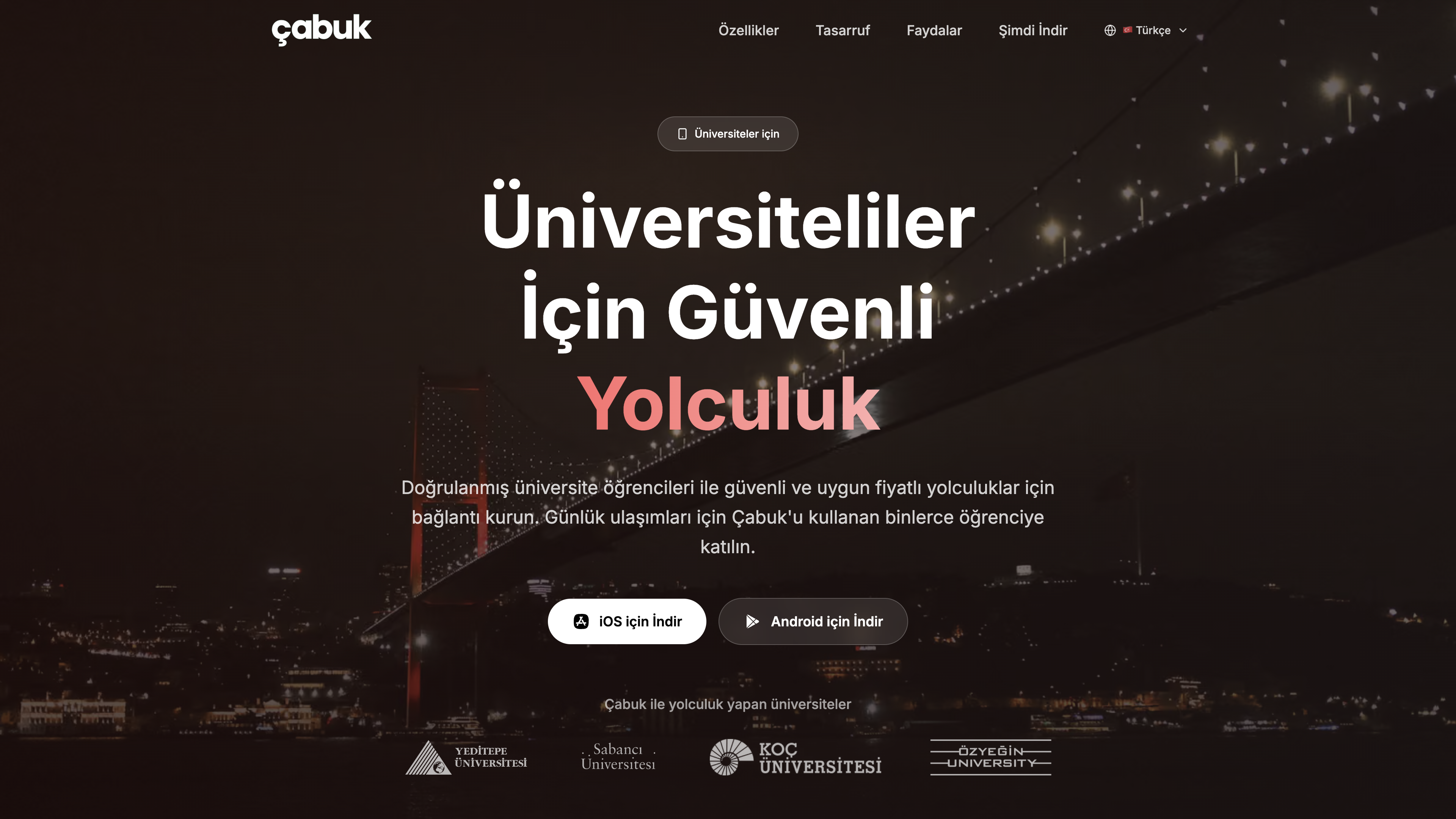 The Çabuk website, safe rides for university students