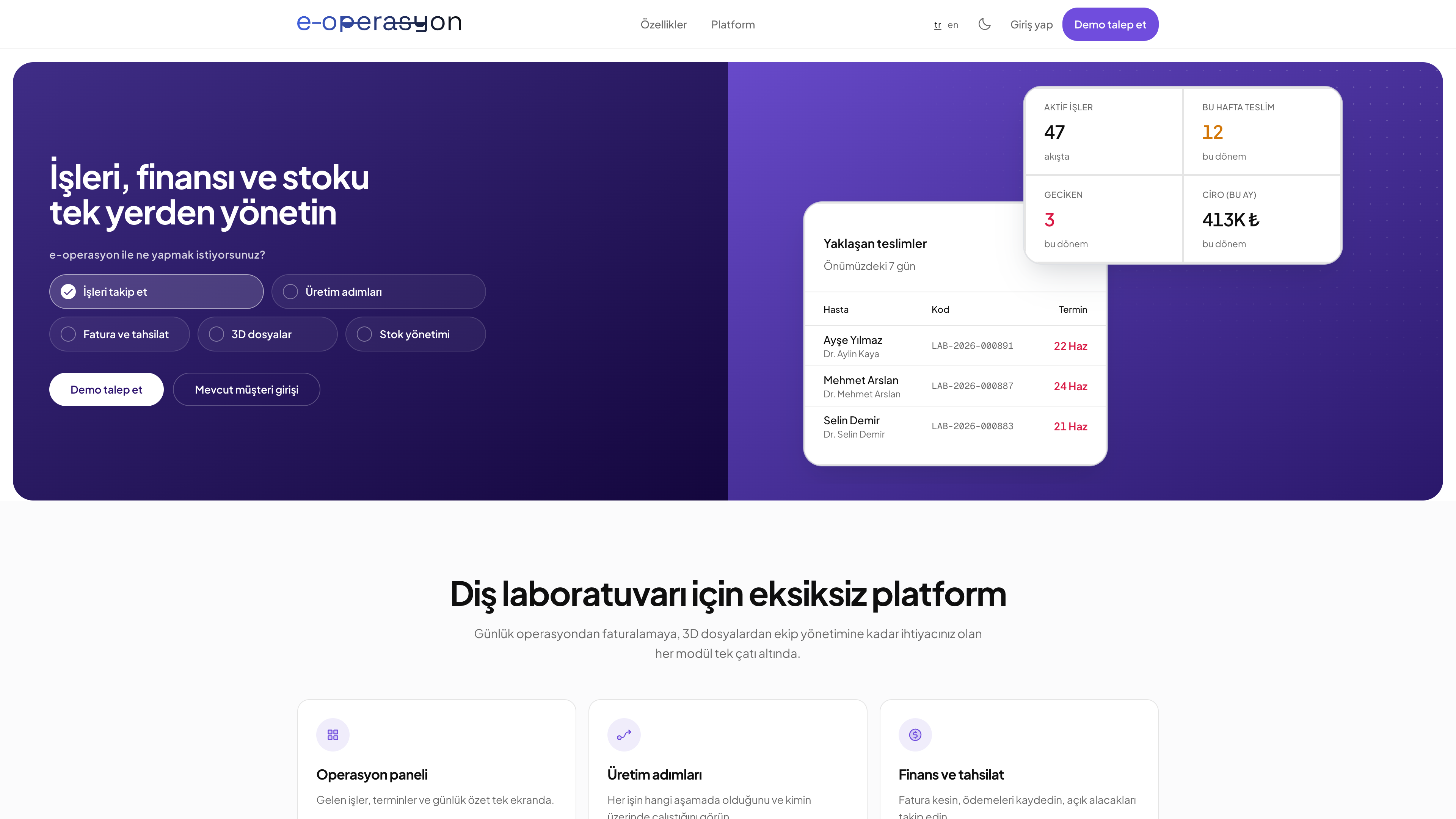 The e-operasyon website, showing the dental lab operations dashboard
